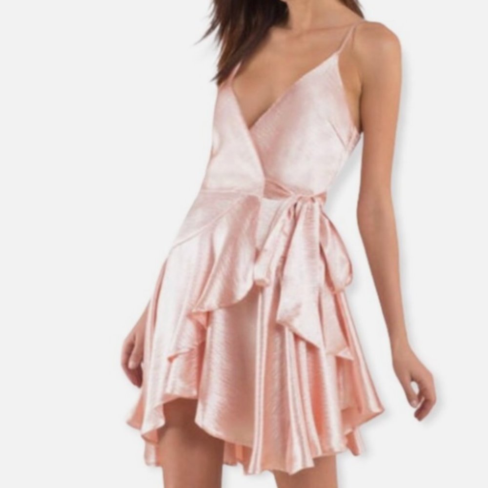 Lost + Wander Pink Satin Wrap Mini Dress, Size S
